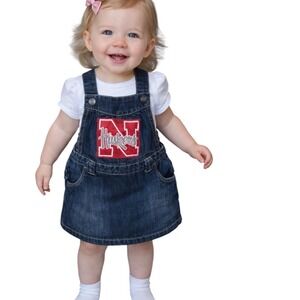 Old Navy Nebraska Huskers Denim Jumper Dress Baby Girls 12-18 Months Dark Wash